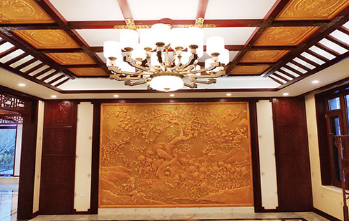 高台中式别墅客厅中式木作横梁吊顶装饰展示